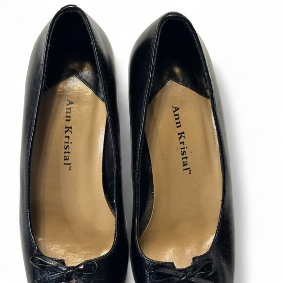 Ann Kristal Black Leather Pumps 5.5M Bow Square Toe Block Heel Y2K Eulalia - Picture 4 of 10